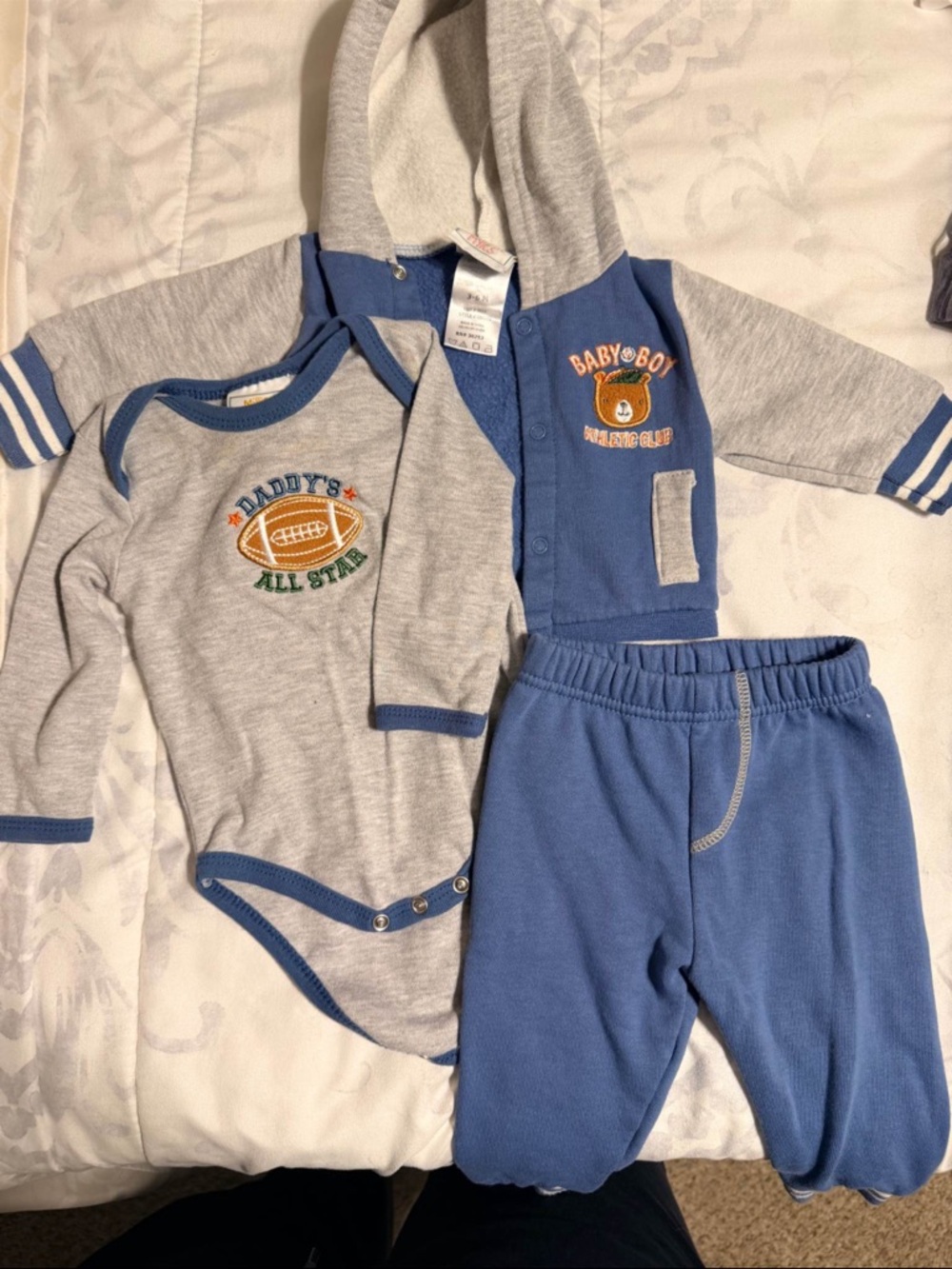 Three-Piece Blue and Gray Baby One-Piece Set